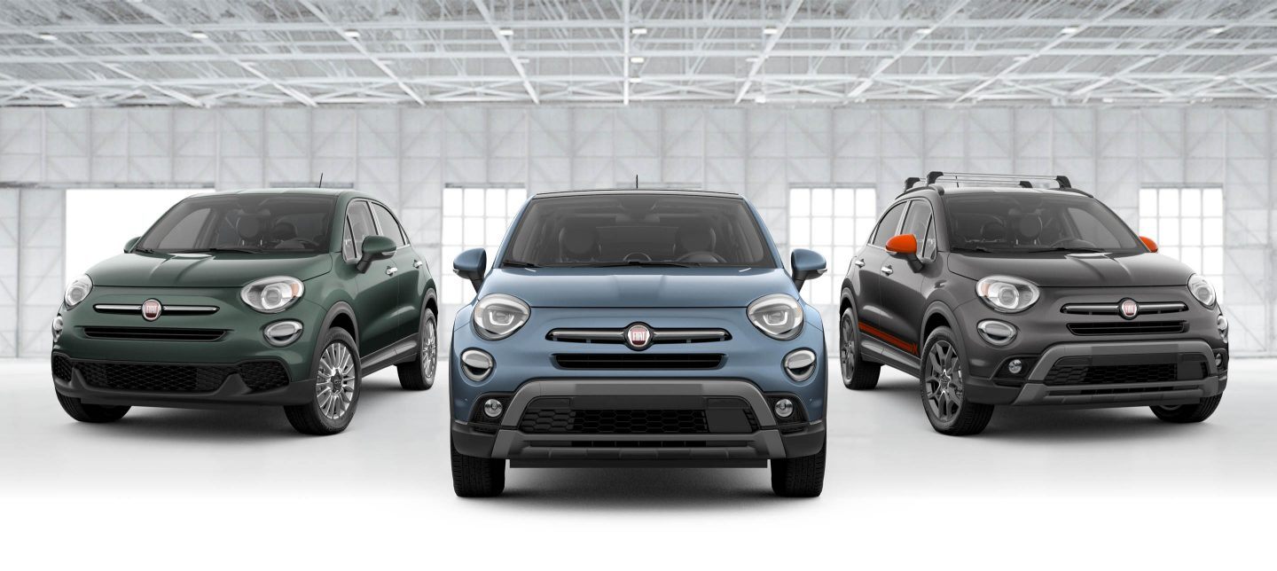 A head-on view of the 2021 FIAT 500X Trekking, Pop and Adventurer models.